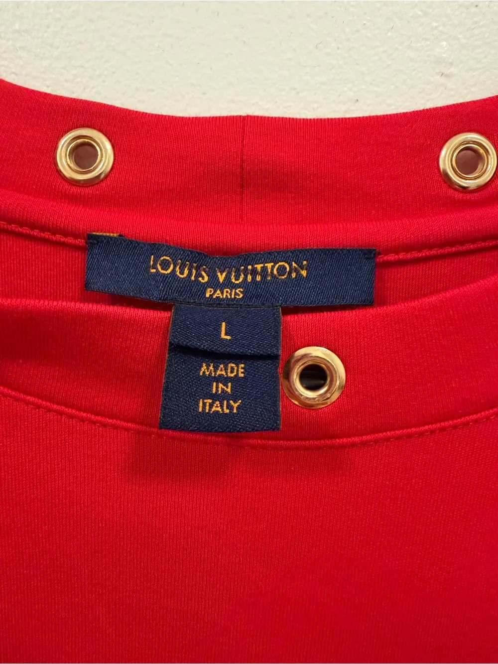 Authentic Louis Vuitton Red Women's Short Sleeve Top with Grommet Detail